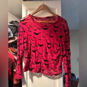 Women's Red Mesh Bat Print Top